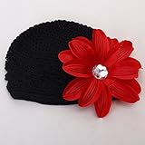 2pcs Crochet Handmade Beanie Cap Hat Rhinestone Lily Flower Hairclip Headwear Black + Red