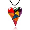 CHUVORA Glass Heart Necklace for Women - Mosaic Glass Heart Pendant Necklace - Large Puffy Chunky Heart Necklace - Purple Green Black Red Heart Necklace