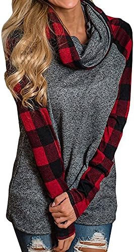 Women Checkered Plaid Shirt Loose Long Sleeve Knit Sweater Pulllover Raglan Cowl Neck Tunic Tops (XXL, Red)