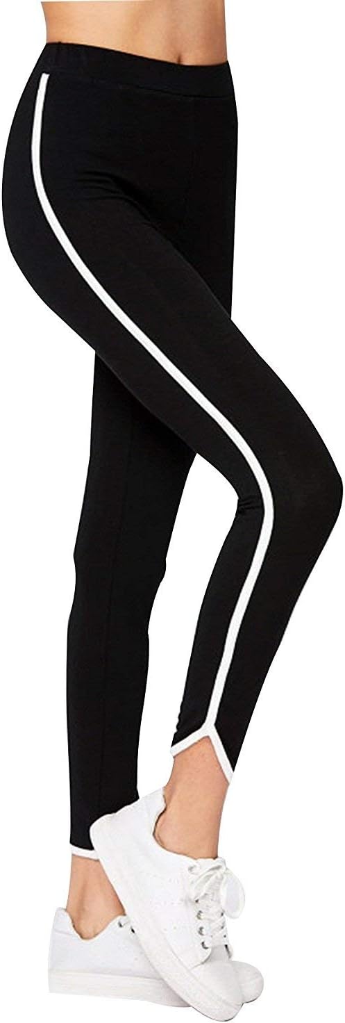 CLOUDWOOD White Side Stripe Ankle Length Women Girls Teenagers Leggings Black -(Leg_16)