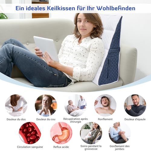 INFANZIA Incline Cushion for Bed, Ergonomic Triangular Memory Foam Pillow for Sleep Apnea Corner Cushion Snoring Acid Reflux Reading Raised Legs 21cm