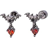 Punk 20g Bat Red Heart Charm Screw Flat Back Small Stud Earrings for Women Unique Stainless Steel Black Animal Cartilage Tragus Piercing Studs Hypoallergenic Fashion Jewelry Halloween Party Gift