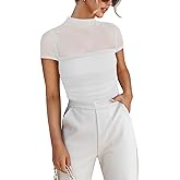 REORIA Women's Sexy Mock Turtle Neck Short Sleeve Shirts Sheer Mesh Ruched Trendy Going Out Bodysuits Tops