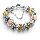 Savlano Silver Tone Charm Bracelet with Crystal and Murano Glass Beads Snake Chain for Women Comes in a Gift Box