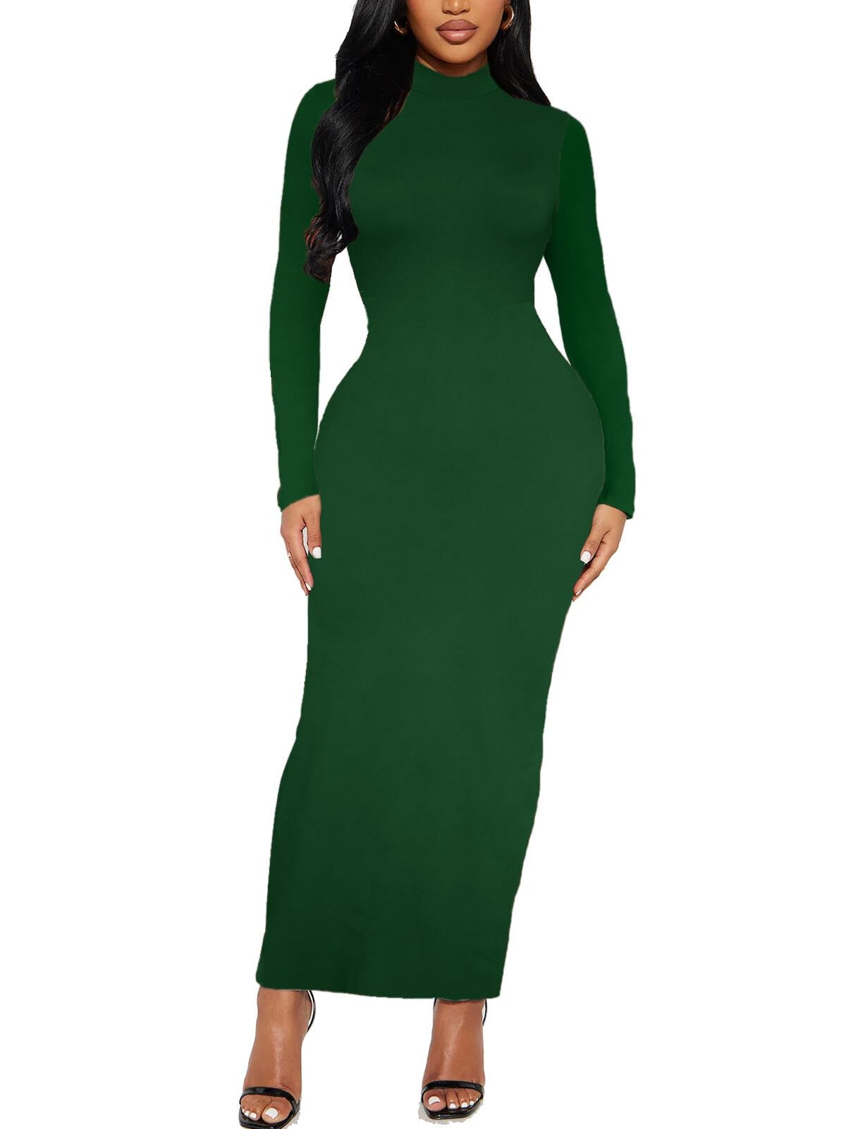 Photo 1 of Women's Long Sleeve Bodycon Dress Maxi Mock Neck Fall Winter Casual Club Party T Shirts Tight Dresses Emerald Green S
