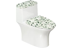 Maiyoinou Polyester Toilet Lid Cover and Toilet Tank Lid Cover 2 Pcs, Durable Fabric Dust Cover with Elastic Edge Bathroom Decor Fit Most Round Elongated Oblong Lids, Green Leaves