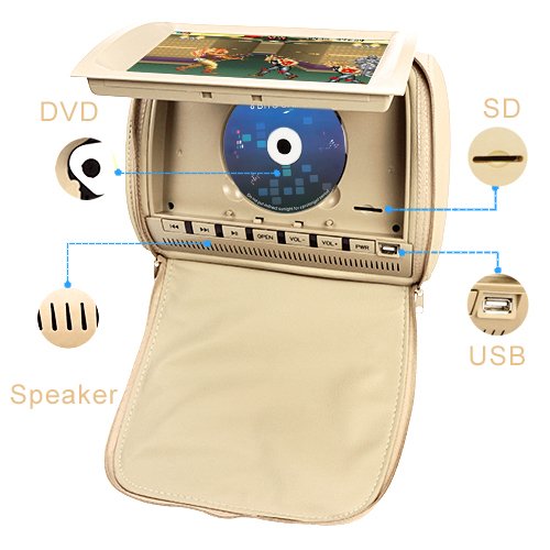 9 inch 1080P Car Headrest DVD Player Video Monitor with Leather Cover Zipper IR Wireless Headphones Games for Kids Road Trips Entertainment System (Touch Screen, Beige)