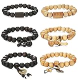 FUNRUN JEWELRY 6PCS 11MM Wood Bead Bracelet for Men Women Buddhist Mala Bracelet Elastic