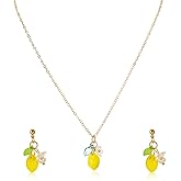 LANWLOSI Lemon Jewelry Set for Women Cute Yellow Lemon Pendant Necklace Lightweight Lemons with Green Leaf Dangle Earrings Fruit Theme Daily Party Jewelry Accessories Gifts for Her