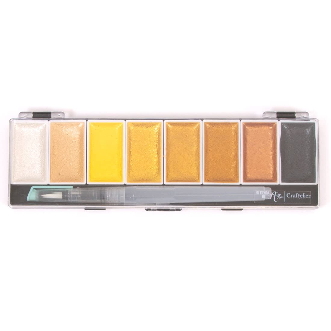 Craftelier - Set of 8 Gold Metallic Watercolour Colours + Brush with Water Tank | Palette Size 23 x 6.5 cm - Godet Size 4.5 x 2.5 cm.