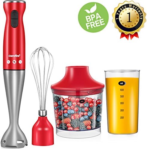 Electric Hand Immersion Blender, 4-in-1 Hand Mixer with 500ml Food Chopper, 600ml Beaker, Balloon Whisk, Stainless Steel Blending Shaft by Comfee