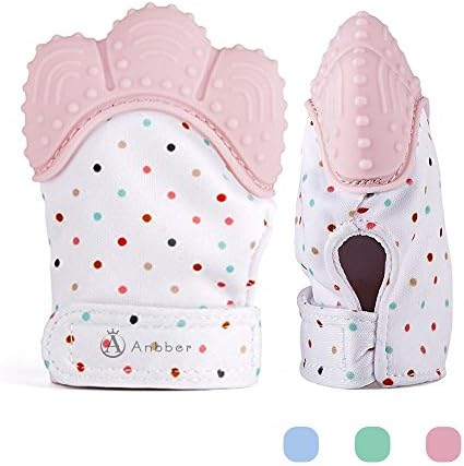 Anbber Baby Teething Mitten Toys Hygienic Baby Soothing Mitt Silicone Teether Relief Mitten Toys for 3-12 Month (1 Pcs Pink)