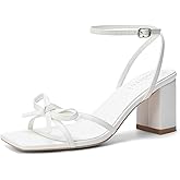 Goderci Bow Strappy Heels for Women Square Open Toe Mid Chunky Block Heeled Sandals