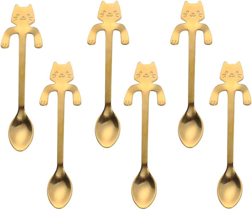ZBGOROW 6-piece 18/8 Stainless Steel Spoons | Cute Cat Spoon Set for Dessert and Coffee | Set of 6 in Gold, 4.5 Inches