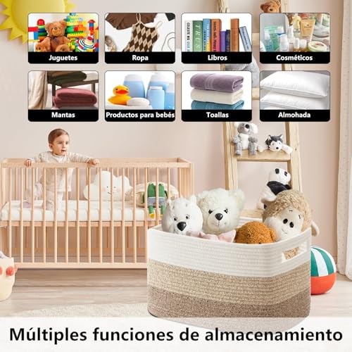 NUIO Canastas Organizadoras, Cesta de Manta Grande 55x43cm, Organizador de Pañales para Bebe, Cesta de Manta de Cuerda de Algodón para Sala de Estar, Lavandería, Guardería, Almohadas (khaki)