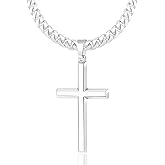 BWDIPCYC S925 Sterling Silver / 14K Gold Plated Beveled Edge Cross Necklace for Men Women with 5mm Diamond Cut Cuban Link Chain, Fashionable Men's Crucifix Pendant Chain Necklaces 16-30 Inches