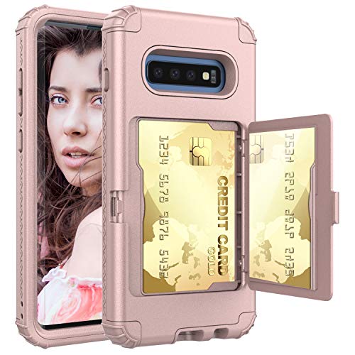Galaxy S10 Plus Wallet Case, JDHDL Women Girly Style Card Holder with Hidden Back Mirror Hard PC Soft TPU Rubber Heavy Duty Shockproof Protective Case for Samsung Galaxy S10 Plus (Rose Gold)