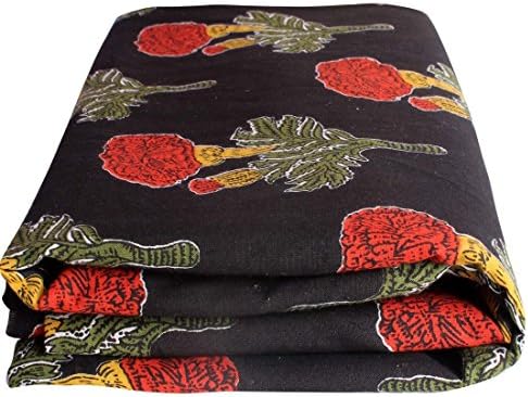 BANARSI DAS Floral Block Print Jaipuri Cotton Fabric Handmade Sanganeri, Black , 2.5 Meter