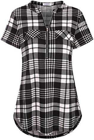 Trancylight Women Short Sleeve Zip Tops V Neck Casual Plaid Shirts Blouses (Plaid Black#1, M)