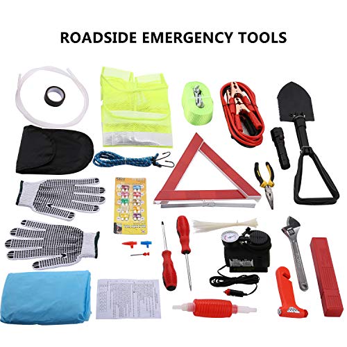 Adakiit Car Emergency Kit, Roadside Assistance 99-in-1 Auto Safety Kit with Jumper Cables,Folding Military Shovel,Air Compressor,Tow Rope,Triangle,Tire Pressure Gauges,Safety Hammer etc.