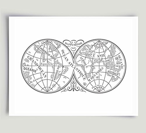Old World Map Art French Mappe Monde Black and White Unframed Paper Print