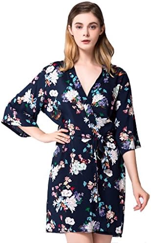 Isoft Women's Short Kimono Robes, Cotton Bridesmaid robe gift, Bathrobe Standard Size Navy