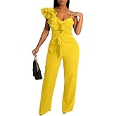 kaimimei Womens Casual Jumpsuits V-Neck Sleeveless Ruffle Backless Belted Wide Leg Pant Sexy Romper Party Clubwear