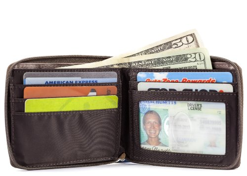 Big Skinny Men's Zippered Bi-Fold Slim Wallet, Holds Up to 25 Cards, Brown