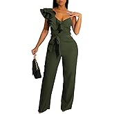 kaimimei Womens Casual Jumpsuits V-Neck Sleeveless Ruffle Backless Belted Wide Leg Pant Sexy Romper Party Clubwear