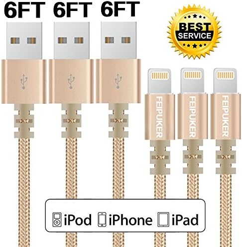 iPhone Charger, FEIPUKER (6FT) Nylon Braided Charging Cable Cord Lightning to USB Cable Charger Compatible for IPhone 7/ 7 Plus/6/6s/6 plus/6s plus/ 5c/5s,iPod, iPad, and More (3 PACK Gold)
