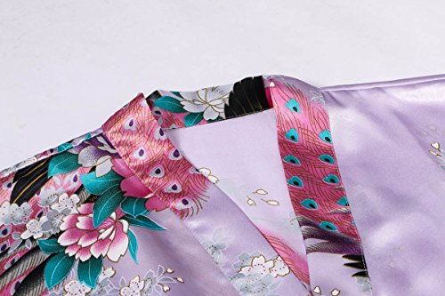 Yukata Women's Short Kimono Robe, Peacock&Blossom Design, Lavender XL