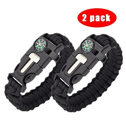 Survival Paracord Bracelet - 5-In-1 Outdoor Paracord Survival Kit: Parachute Cord, Buckle with Compass, Fire Starter, Whistle & Emergency Knife Scraperï¼ˆpack of 2ï¼‰ (BLACK)