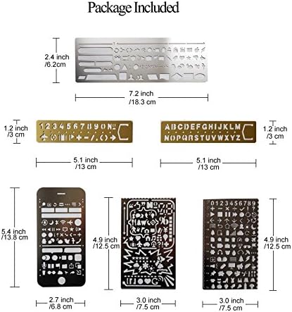 Elifunz 6 Pcs Stainless Steel Drawing Painting Graffiti Web UI/IOS/Number Alphabet/Vintage Brass Alphabet &amp; Number Template Ruler Scale Sets Graphics Stencils for Scrapbooking, Card and Craft Projects