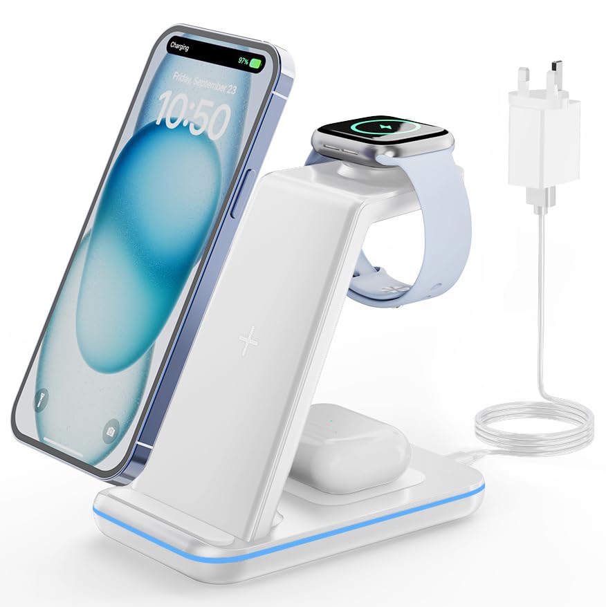 GEEKERA Wireless Charger Stand, 3 in 1 Wireless Charging Station for iPhone Air/17/16/15/14/13/12/11/XS/XR/X/8, Fast Charging Stand for Apple Watch Ultra 3-2, Docking Station for AirPod Pro-2, White