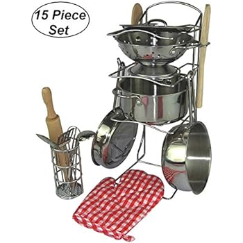 Oojami 15 Pieces Pretend Play Toy Kitchen Cookware Set Stainless Steel Pots and Pans Includes a Handy Storage Rack