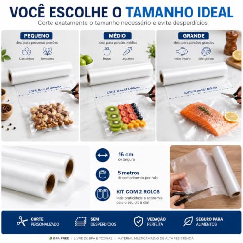 Kit 2 Rolo Saco a Vácuo com Ranhuras para Armazenamento de Alimentos BPA Free Kit com 2 Rolos Premium