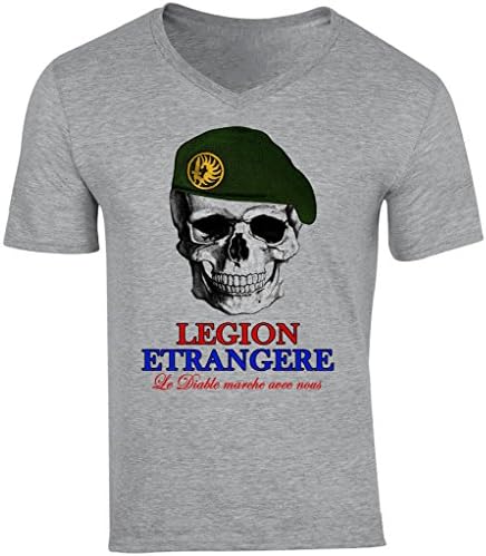 Teesquare1st Men's LEGION ETRANGER FRENCH SKULL Grey V-Neck T-shirt
