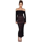 JUMISEE Women's Sheer Mesh Long Sleeve Off Shoulder Maxi Dress Elegant Ruched Tulle Bodycon Formal Dress Cocktail Dresses