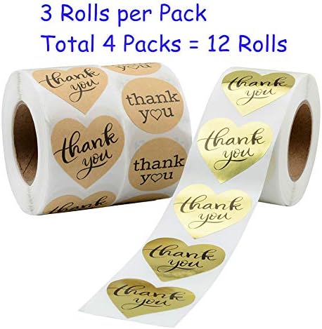Thank You Stickers, Kraft Paper Heart Shape & Round Thank You Adhesive Labels + Gold Heart Shape Foil Sticker Labels, 500 Stickers per Roll, Total 12 Rolls
