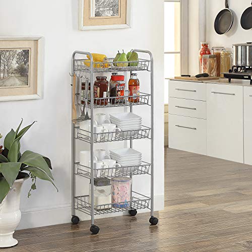 HOME BI 5-Tire Metal Rolling Cart, Lockable Utility Trolley for Kitchen and Bathroom, Silver