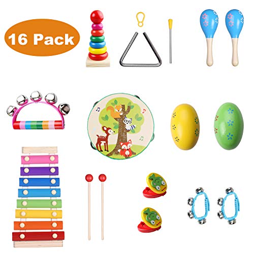 Childom Kids Musical Instruments, 16 Pcs Wooden Percussion Instruments for Kids Preschool Educational, Musical Instruments Sets with Xylophone for Children (16 Pcs) - Thumbnail 6