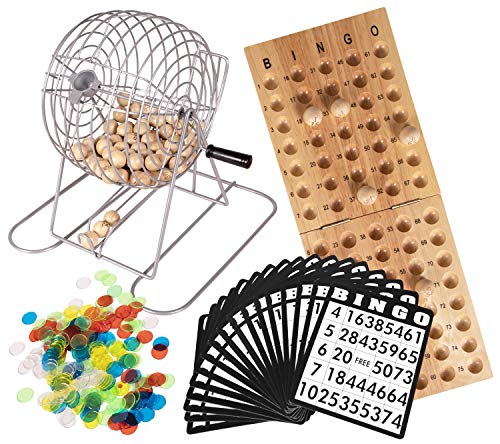 Deluxe 9" Metal Bingo Set; Silver Bingo Game with Wooden Bingo Balls and Bingo Board; 200 Color Bingo Markers