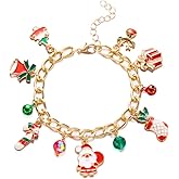 Christmas Bracelet Santa Claus Jingle Bell Tree Snowman Reindeer Crystal Charm for Women Cute Pullable Adjustable Gold Plated Chain Link Bracelets Colorful Pendant Xmas Novelty Festival Holiday Jewelry Gifts