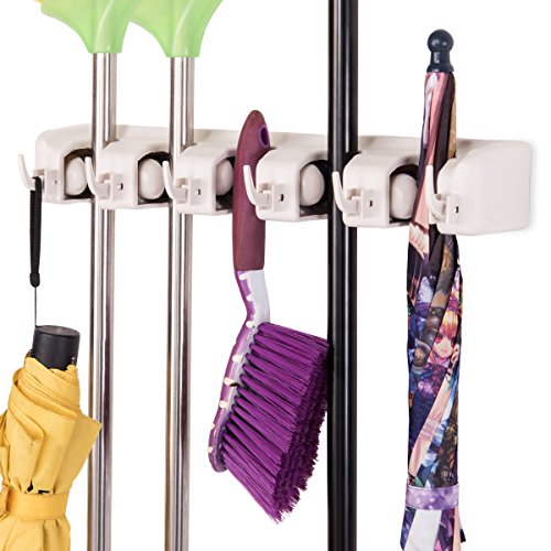 Tangkula Mop Broom Holder Home Kitchen Garden Tool Organizer 5 Position with 6 Hooks Wall Mounted (W - //coolthings.us