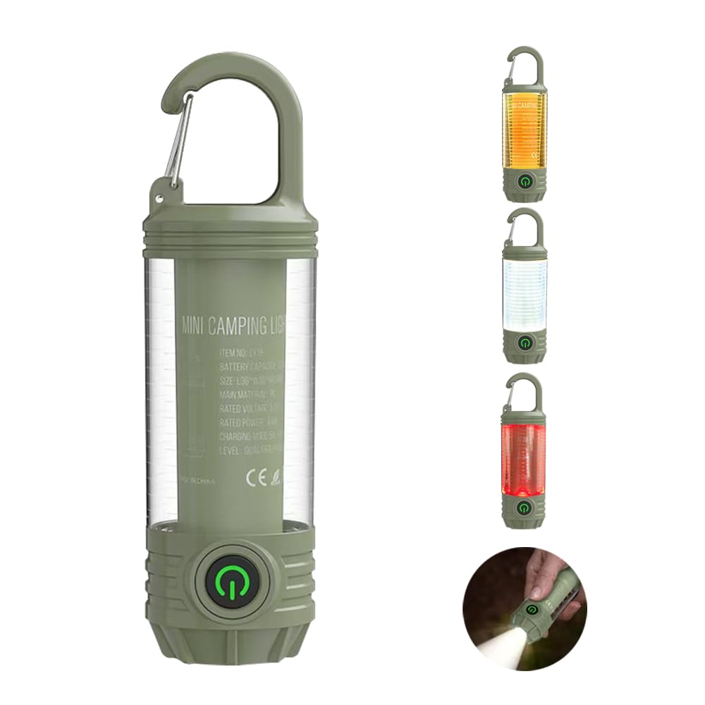 YZYOE Rechargeable LED Mini Camping Flashlight, Portable Outdoor Light with Hook, White Warm Light and Red Light, 6 Modes, with Signal Flash.
