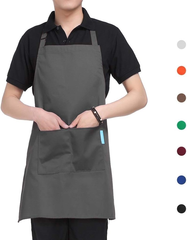 esonmus Cooking Apron Adults Polyester Kitchen Apron with Adjustable Neck Belt and 2 Pockets for Baking Gardening Restaurant BBQ for Men and Women-Grey