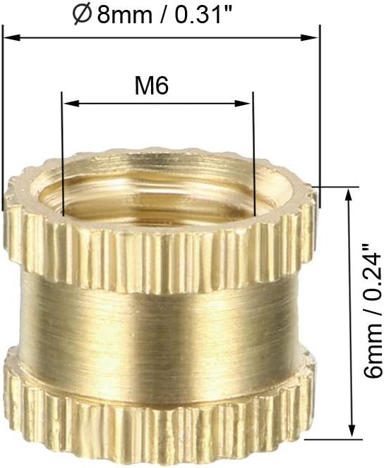 sourcing map Knurled Insert Nuts - 50Pcs M6 x 6mm Length x 8mm OD Female Thread Brass Threaded Insert Embedment Nut for 3D Printer - Image 3