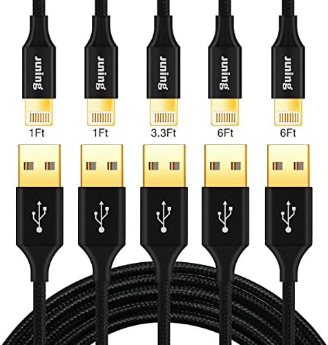 JUNING Lightning Cable Nylon Braided iPhone Charger Cord 5Pack 2x1FT/1x3.3FT/2x6FT Fast Charging, Lightning Connector to Data Syncing, Compatible with iPhone X/8/8P/7/7P/6P/6s/6s+/5/5s/SE, iPad(Black)