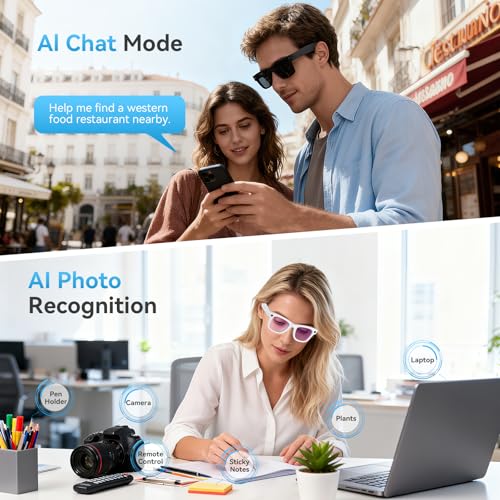 AI Smart Glasses with Camera and Bluetooth,8MP 2K Camera Glasses,AI Voice Control,Photo Recognition,Real-Time Translation,Smart Anti-Blue Light Glasses,IP67 Waterproof for Driving,Outdoor,+2 Lenses.