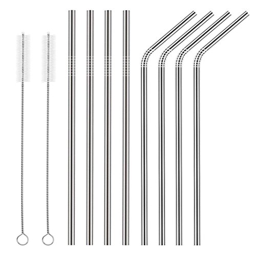 Xubox Stainless Steel Metal Straws, Set of 8 Ultra Long 10.5'' Reusable Metal Drinking Straw for 30oz 20oz Tumblers Ramblers, Fit All Yeti Ozark Trail SIC RTIC Tumbler (4 Straight|4 Curved|2 Brushes)